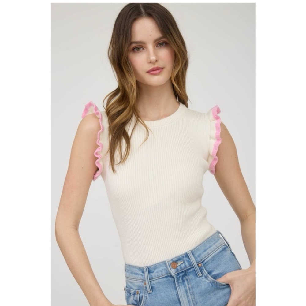 Cream with Pink Edge Ruffle Top - Picture 6 of 6